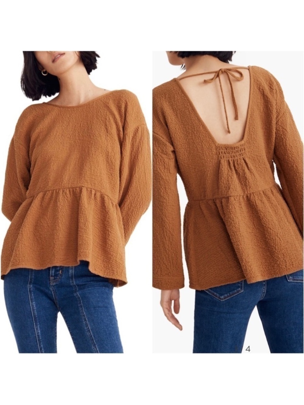 Madewell Blouse Peplum Open-Back Top Brown XXS